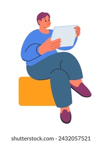 Man sitting and working with data processing and databases using laptop or tablet computer, freelancer. Male character making analysis and report with spreadsheets on touchscreen. Vector in flat style