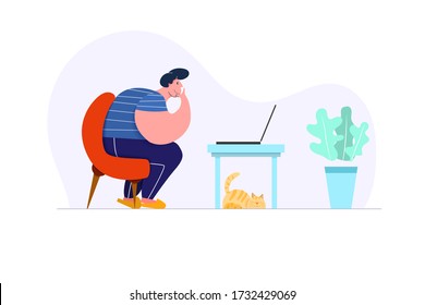 Man sitting and working at his laptop with cat asleep under table. Flat character design vector illustration.