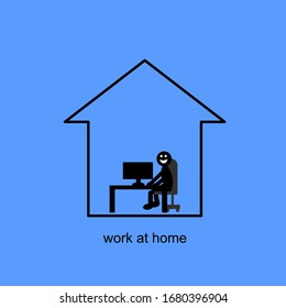 un hombre sentado y trabajando en casa con el fondo azul