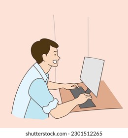 man sitting and working at home. with computer schoolgirl lifestyle illustration vector hand drawn