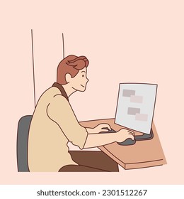 hombre sentado y trabajando en casa. con ilustración de estilo de vida de la colegiala de computadora dibujada a mano vectorial
