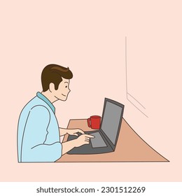 man sitting and working at home. with computer schoolgirl lifestyle illustration vector hand drawn