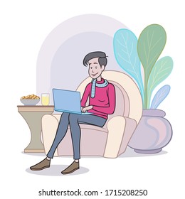 A man sitting and working with a laptop computer. hand drawn style vector design illustrations.

