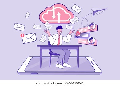 Hombre sentado y trabajando en un gran smartphone. La gente ve la transmisión, la transmisión de videos. Influenciar el marketing, los medios sociales o la promoción de redes. Empresario envía un correo electrónico a su pareja. Vector plano