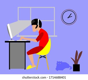 a man sitting and working on the home with a computer. work from home illustration because of pandemic covid-19