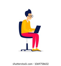 Man sitting working on laptop, office life, freelancing. Flat style vector illustration.