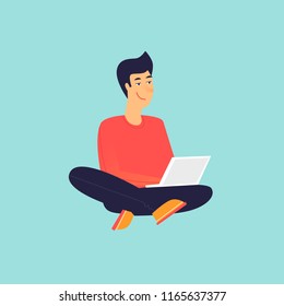 Man sitting working on laptop. Flat design vector illustration.