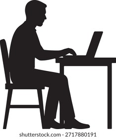 Hombre sentado y trabajando en la silueta del ordenador portátil que representa el trabajo de oficina y el trabajo remoto.