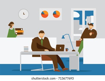Man sitting and working at openspace at desk. Vector illustration