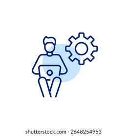 Man sitting working or studying at laptop and cogwheel. Account management, workflow optimization, admin control panel, digital workspace settings, user interface customization. Pixel perfect, editabl