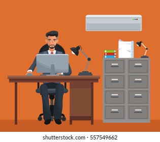 man sitting workplace cabinet file desk laptop