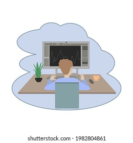 Man sitting at workplace and creating illustration. Cartoon artist working on computer. Graphic creator profession and animation concept