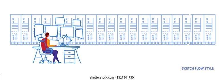 man sitting workplace desk working in data center room hosting server computer monitoring concept information database rear view worker sketch flow style horizontal banner