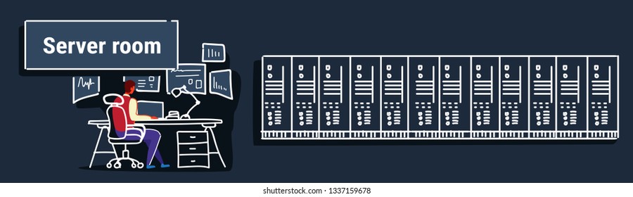 man sitting workplace desk working in data center room hosting server computer monitoring concept information database rear view worker sketch doodle horizontal banner