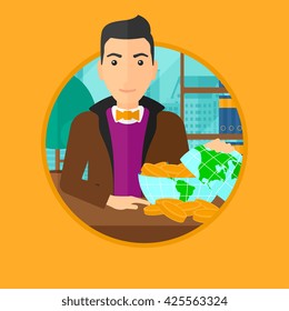 A man sitting at the workplace with a globe model full of coins. Vector flat design illustration in the circle isolated on background.