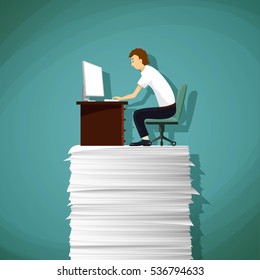 Man sitting at the workplace on a pile of paper. Stock vector illustration.