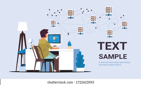 man sitting at workplace using virtual private network cyber security privacy concept secure vpn online connection personal data protection shield on computer monitor horizontal copy space vector