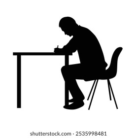 Hombre sentado y escribiendo detrás de la silueta del escritorio. Aprendizaje y trabajo de oficina, gestión de negocios, dibujo de gráficas y creación de un Vector de texto escrito.