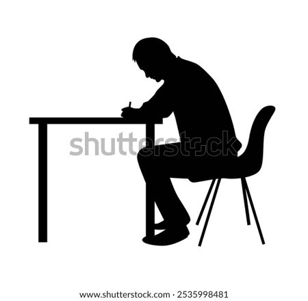 Man Sitting and Writing Behind the Desk Silhouette. Learning and office work, managing business, drawing graphs and creating a written text vector.