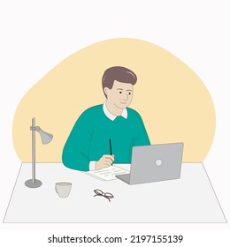 Mann, der mit einem Laptop sitzt, schreibt und studiert
