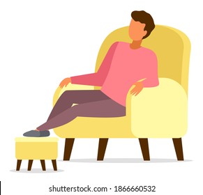 Man sitting in yellow armchair relaxing, put his feet on a special soft padded stool stand, comfort home pastime vector illustration. Repose at home in the evening after a hard day lying in a chair