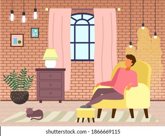 Man sitting in yellow armchair relaxing, put his feet on a special soft padded stool stand, comfort home pastime vector illustration. Repose at home in the evening after a hard day lying in a chair