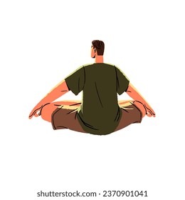 Hombre sentado en asana de yoga, loto posando detrás de la vista. La persona se relaja, descansa en retirada, cuida de la mente, el bienestar mental. Práctica espiritual. Medición de la ilustración vectorial aislada plana o fondo blanco