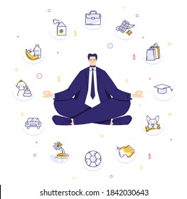 Man sitting in yoga lotus pose and meditating. Human needs icons. Life balance concept. Isolated vector illustration in modern flat style