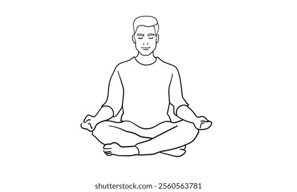 Man sitting in yoga meditation continuous line art drawing isolated on white background. Healthy lifestyle. Vector illustration