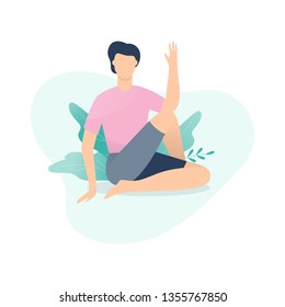 Man sitting in yoga pose. Exercise for body health. Yoga position for relaxation and meditation. Isolated vector illustration in cartoon style