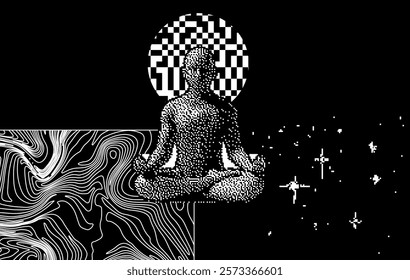 Man sitting in zen pose on a dark background. Digital pixel art collage in contemporary style.