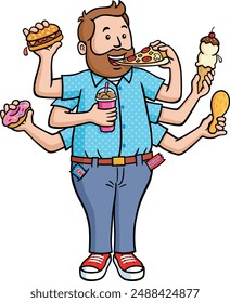 Man with six arms eating junk food with something in each of his hands, pizza, cheeseburger, fried chicken leg, ice cream cone with chocolate, cherry and nuts on top, donut, and a chocolate float.