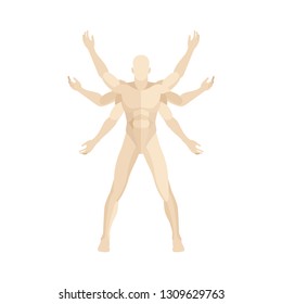 Man with six hands. Many armed cartoon style man illustration.
Multitasking concept illustration.