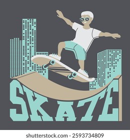 Man skatboarding on ramp on city background. Vector illustration.