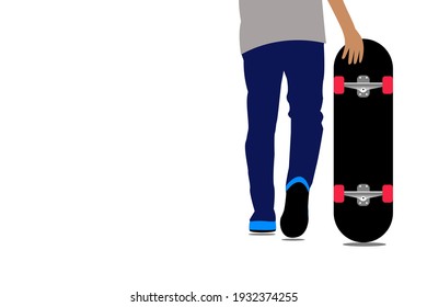 A man with a skateboard, back view