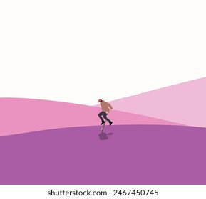 Man with skateboard jumping on purple mountain. Enjoy extreme Sport and active life concept. Urban active lifestyle