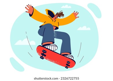 Man with skateboard jumps up doing trick on sports ground, enjoys adrenaline rush from riding board. Energetic guy with skateboard, for concept of active lifestyle and hobby for teenagers