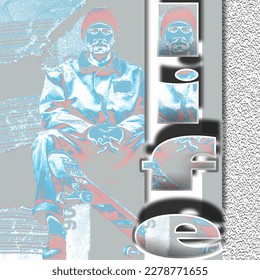 Man and skateboard on gray background. Modern pop art style