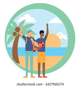 man with skateboard and other with backpack in the beach vector illustration