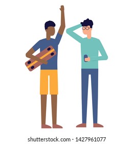 man with skateboard and other with smartphone vector illustration