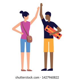 man with skateboard and woman handshake vector illustration