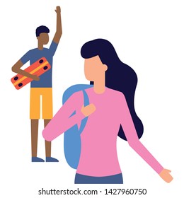 man with skateboard and woman holds bag vector illustration