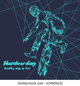 Man skateboarders performing tricks from triangles. Skateboarding vector background. Sport vector geometric illustration.