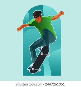 A man is skateboarding in the air. The image is of a man in a green shirt and blue jeans riding a skateboard
