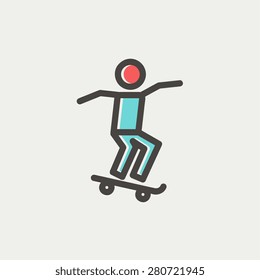 Man skateboarding icon thin line for web and mobile, modern minimalistic flat design. Vector icon with dark grey outline and offset colour on light grey background.