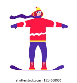 Man skates on a snowboard flat style design character standing up on the snow. Winter sports activities vector illustration isolated on white background.