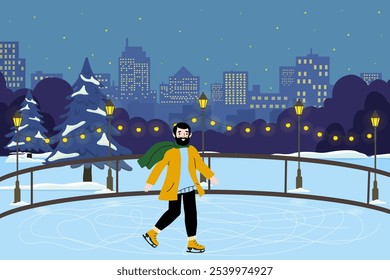 A man skating gracefully on an outdoor rink in a city park during a winter evening