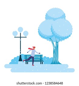 man skating ice in the park winter scenery