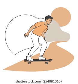 Un hombre patinando en la carretera en la puesta del sol. patinaje, puesta del sol, deportes, Ilustración vectorial