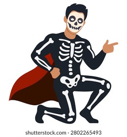 man in skeleton costume and cape kneeling and pointing
